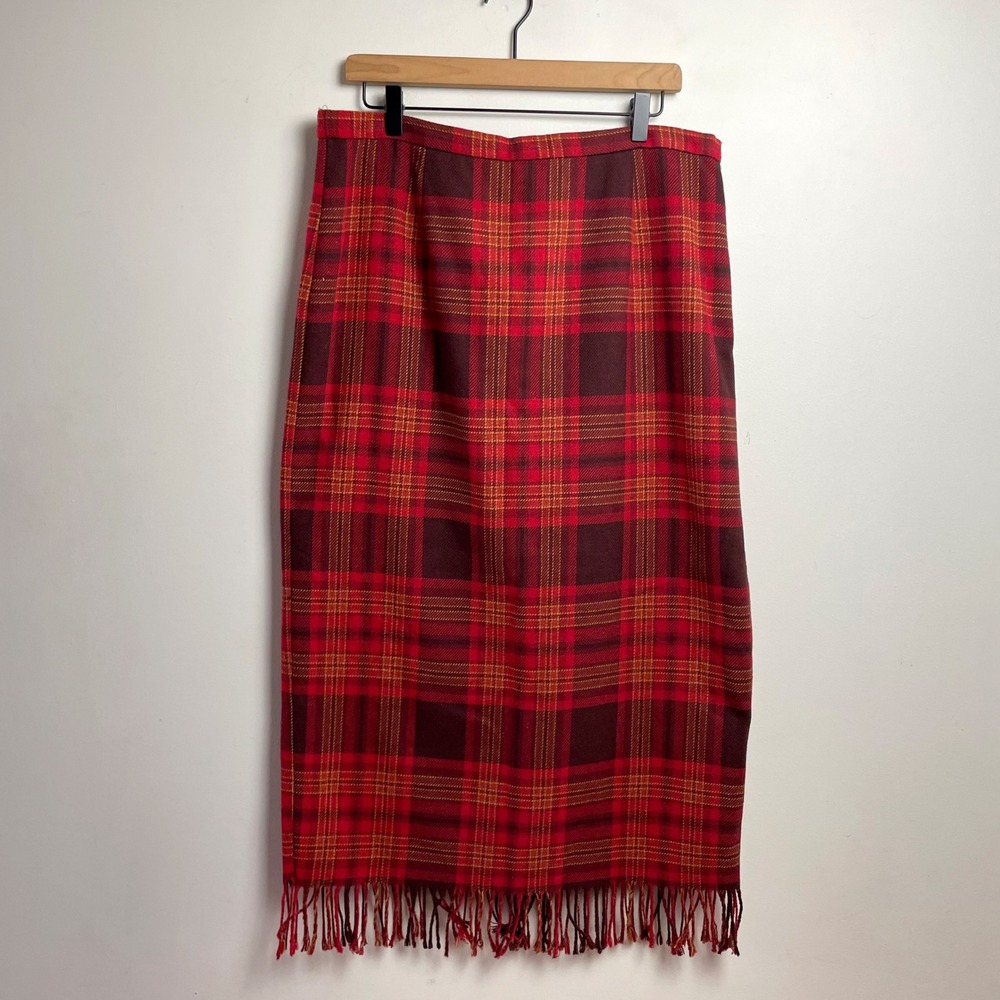 Red Plaid Fringe Hem Midi Skirt Vintage XL Dark Academia Preppy Equestrian